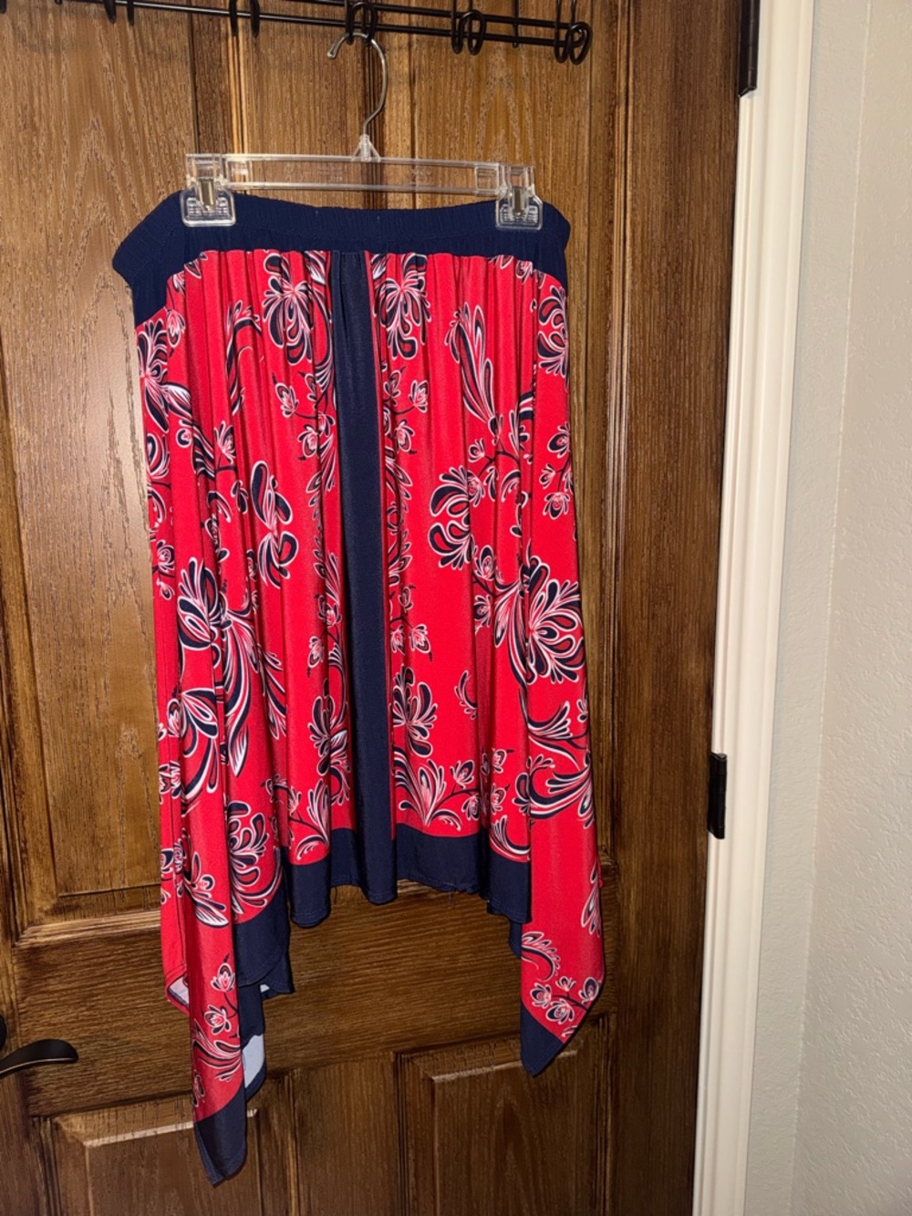 Asymmetrical Red Floral Handkerchief Hem Skirt with Navy Trim